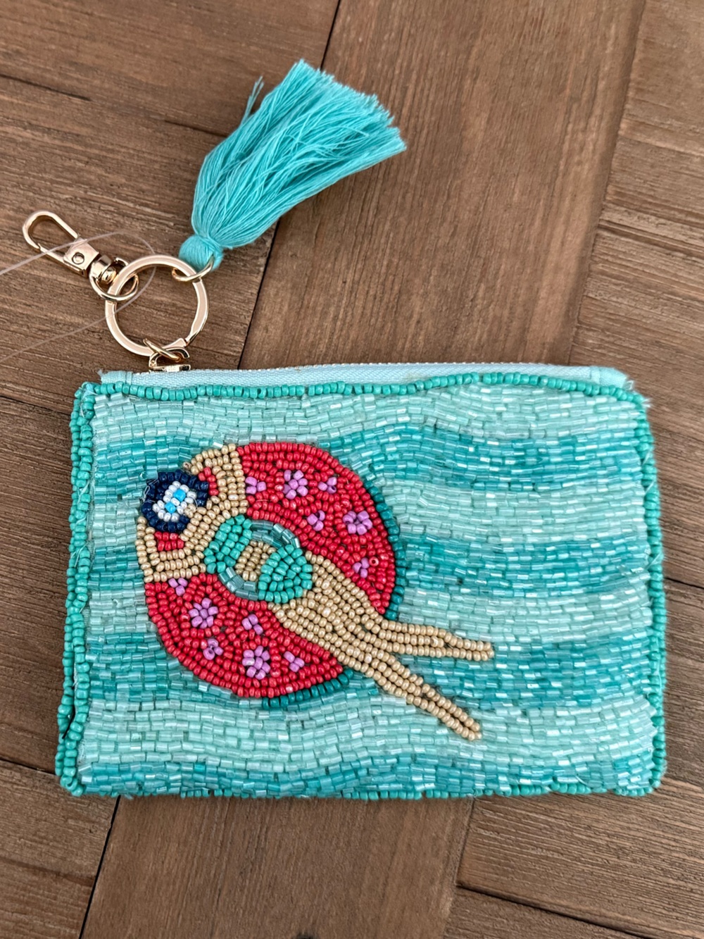 ON 34TH Beaded Coin Purse Turquoise Tassel Keychain Pouch Summer Beach NWT